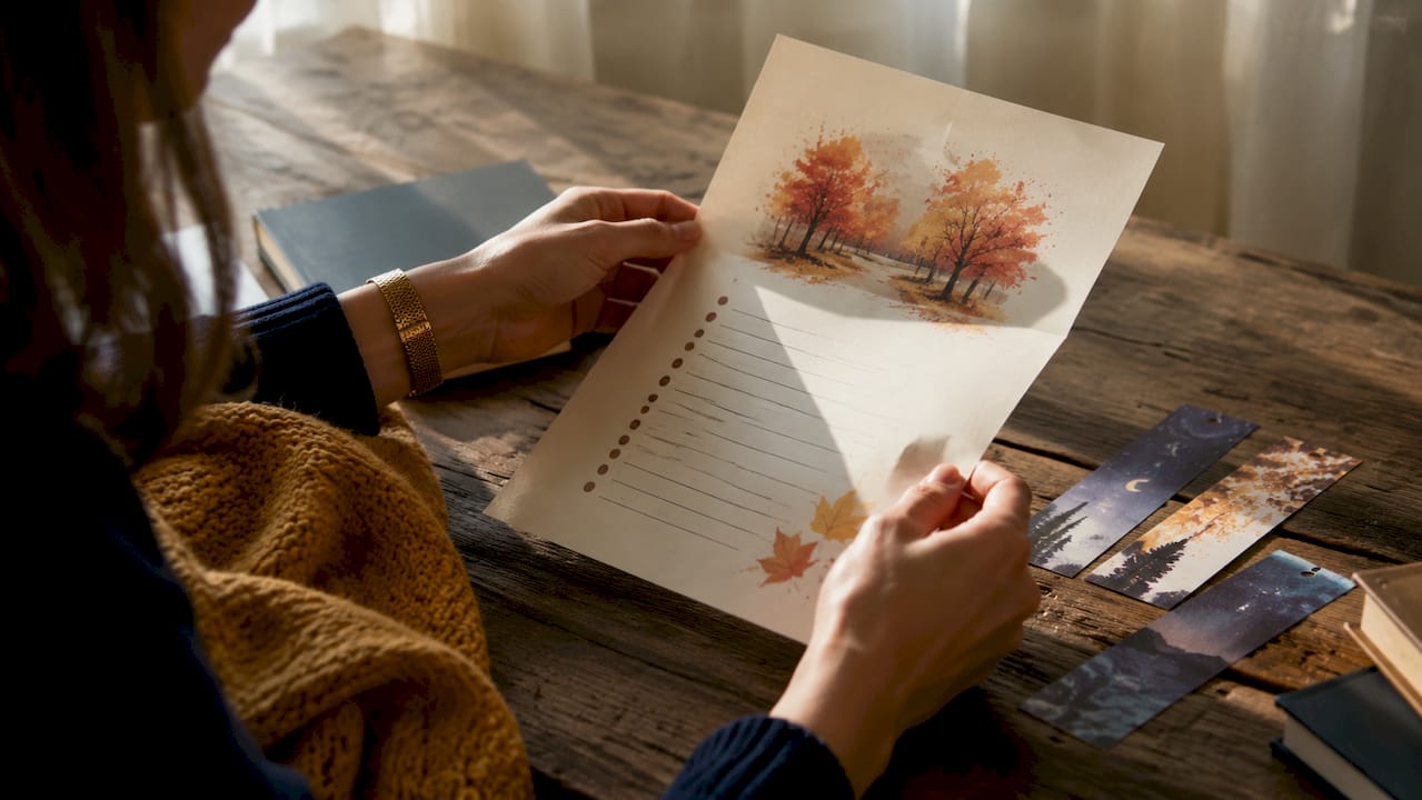 Hands holding colorful seasonal curated reading list