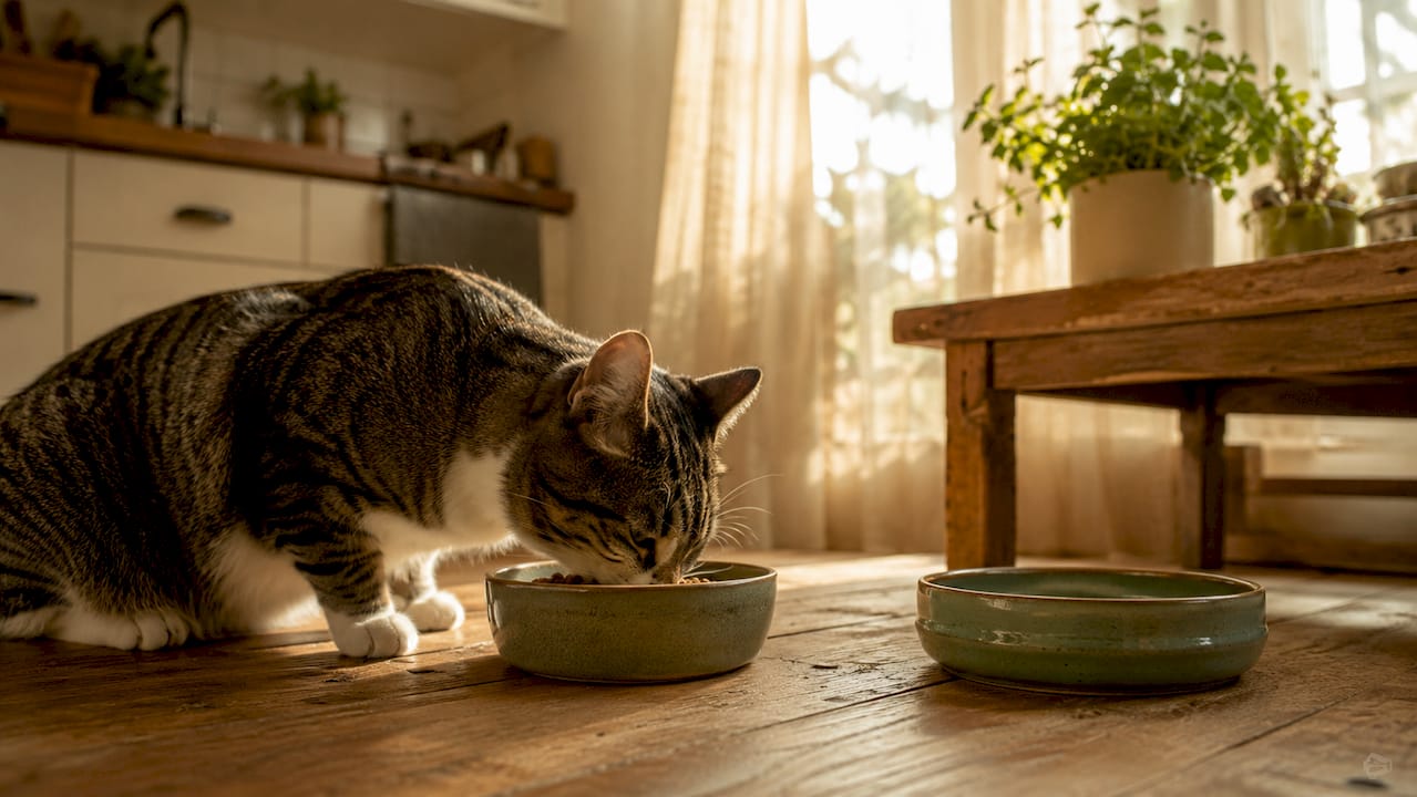 Cat eating balanced food portion indoors