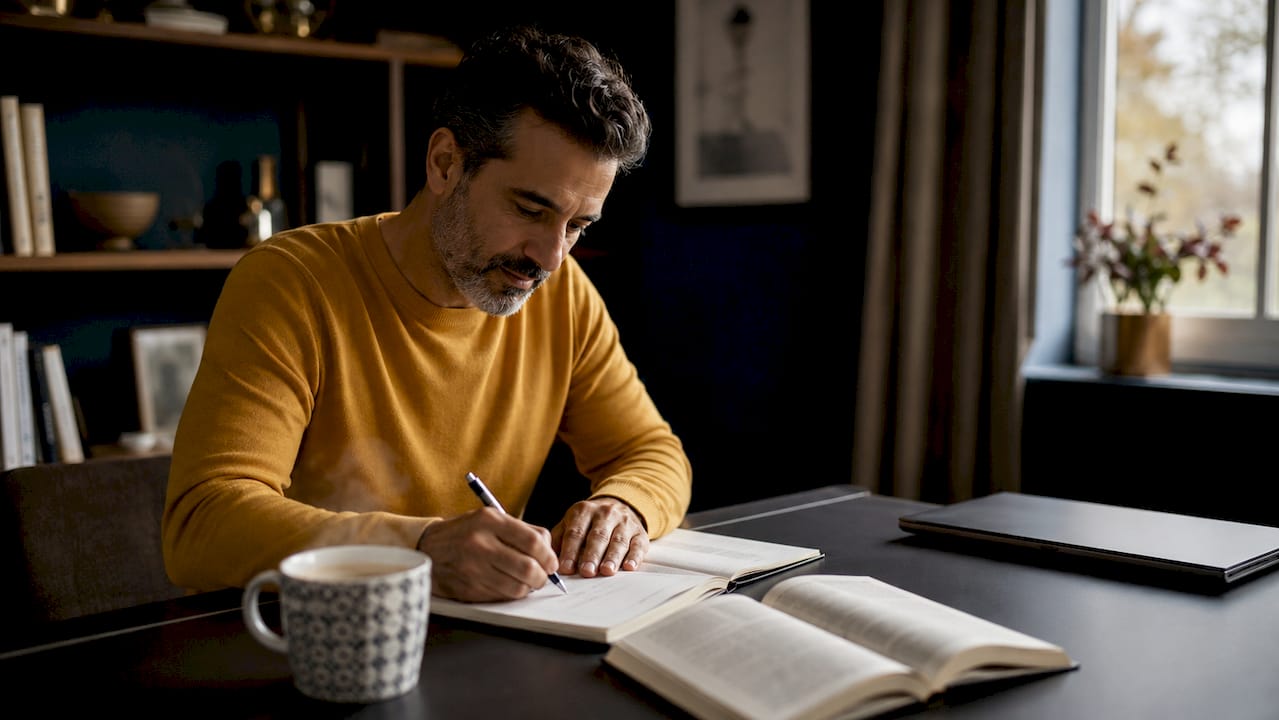 Man writing notes in confidence workbook at home