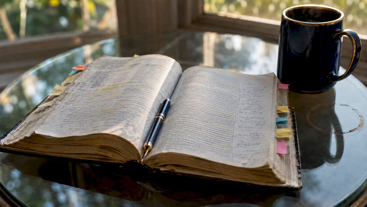 Close-up of annotated psychology book and pen