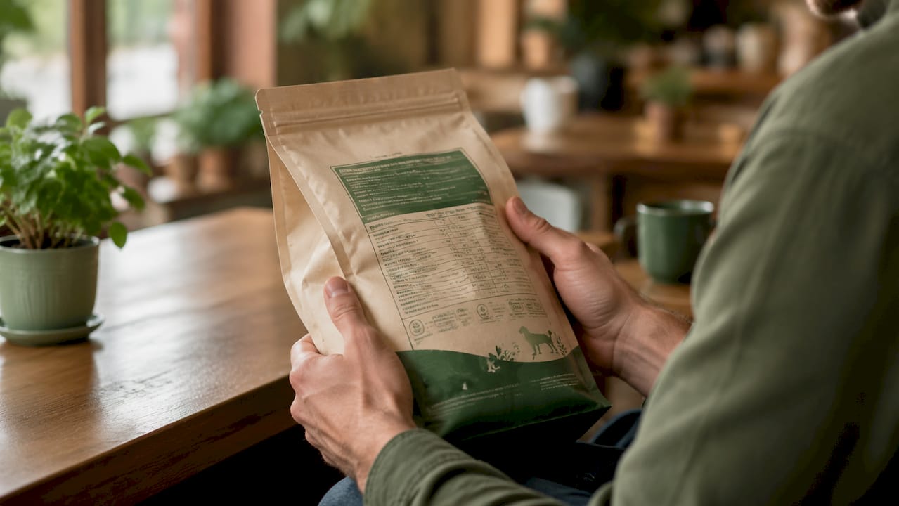 Hands inspecting dog food package nutritional label