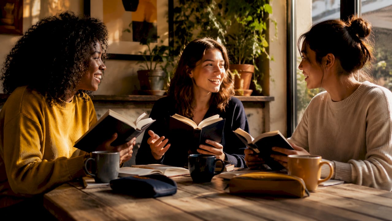Women discussing books in library