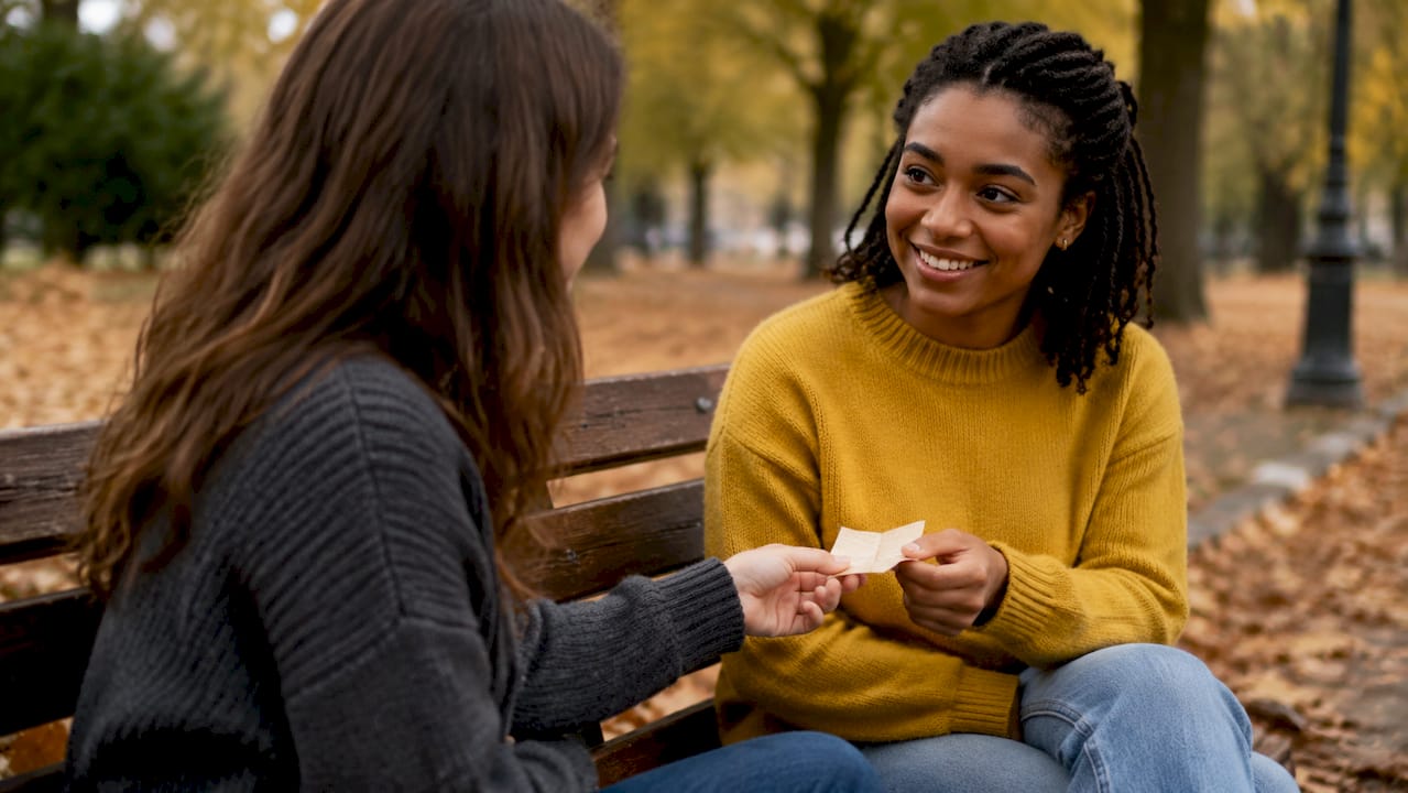 Friends exchanging note to rebuild friendship