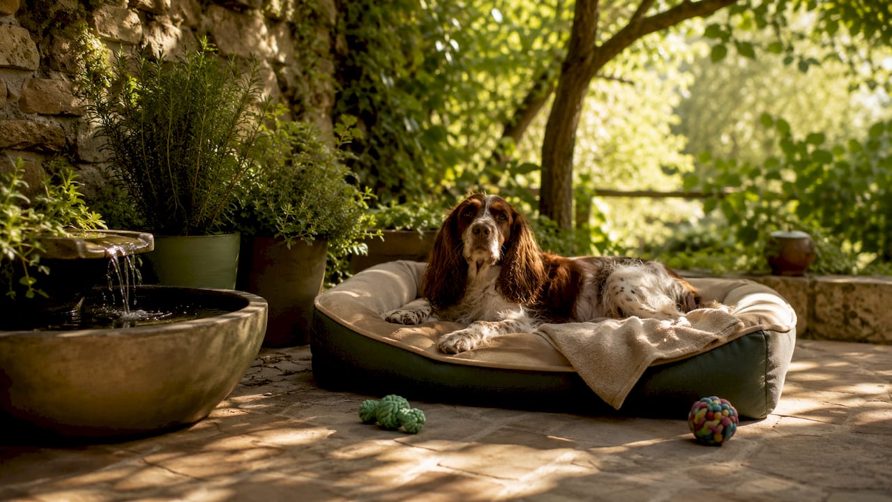 Luxury dog retreat suite with dog resting peacefully