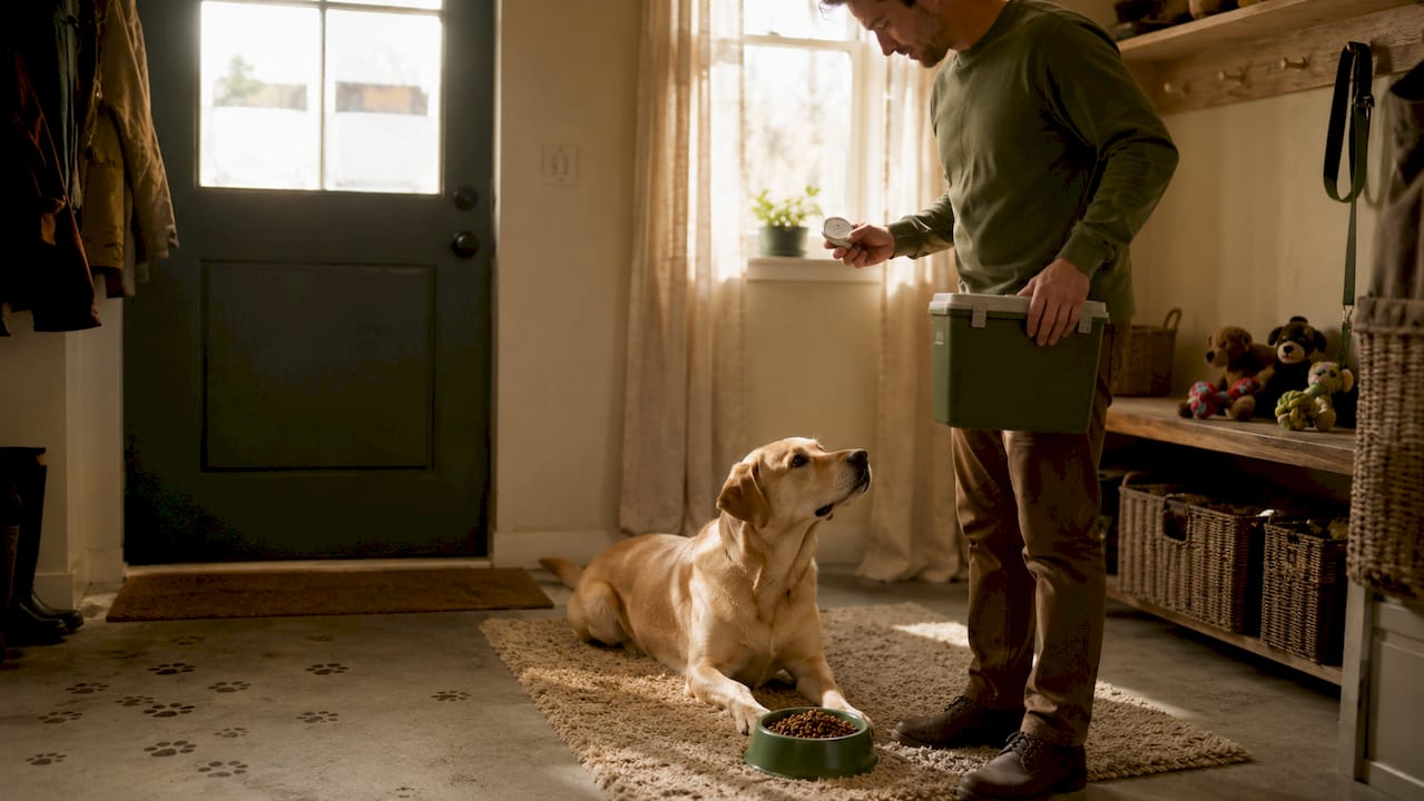 Man feeding dog post-work meal indoors