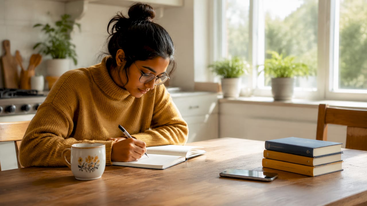 Woman journaling daily self-help plan indoors