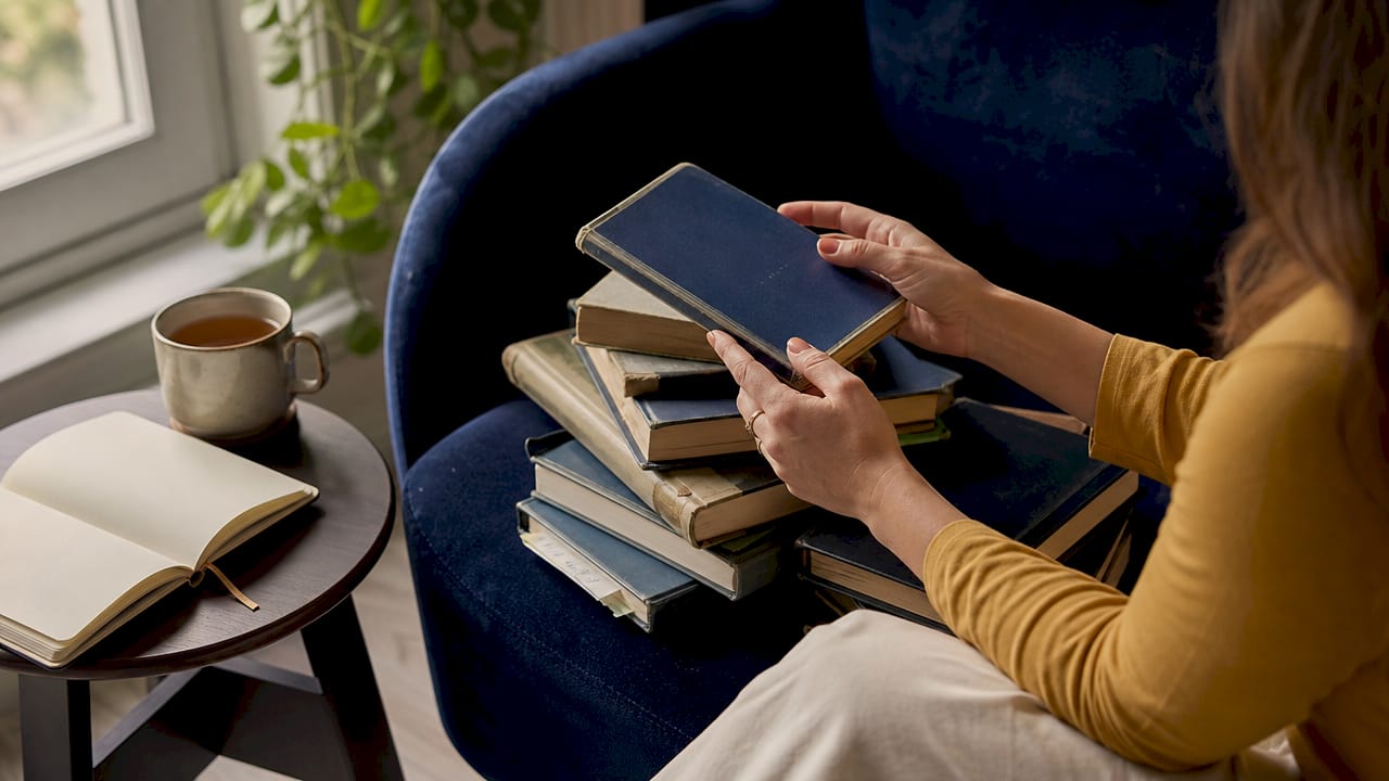 Hands browsing spiritual recovery books overhead view