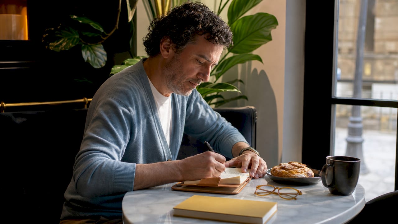 Man journaling reflections in café after reading