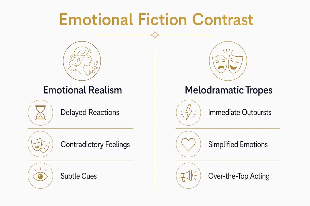 Infographic comparing emotional realism and melodramatic tropes in fiction