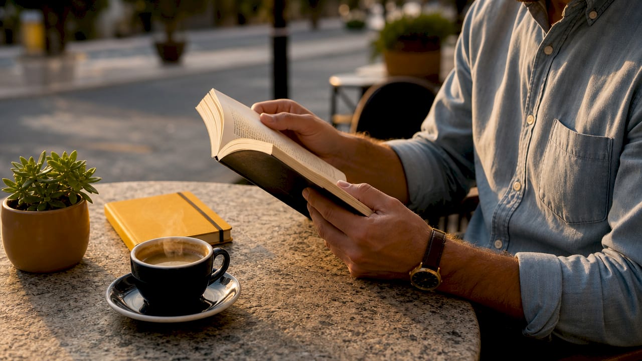 Hands holding psychological thriller book in café