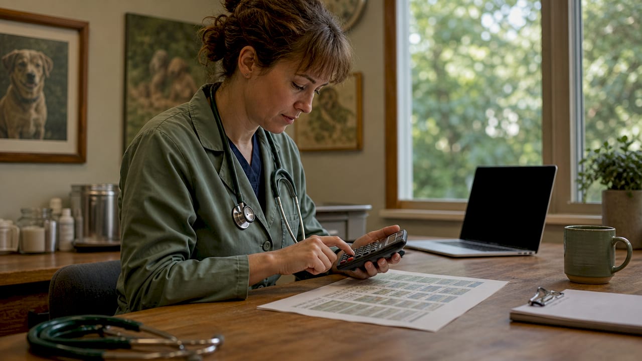 Veterinarian calculating dog calorie needs with calculator