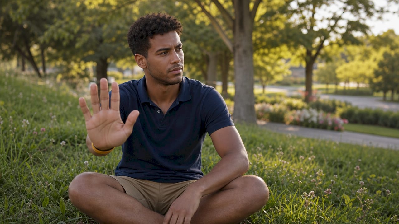 Young man setting physical boundaries outdoors