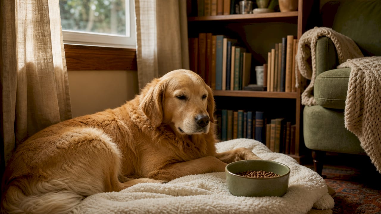Resting dog beside food bowl indoors