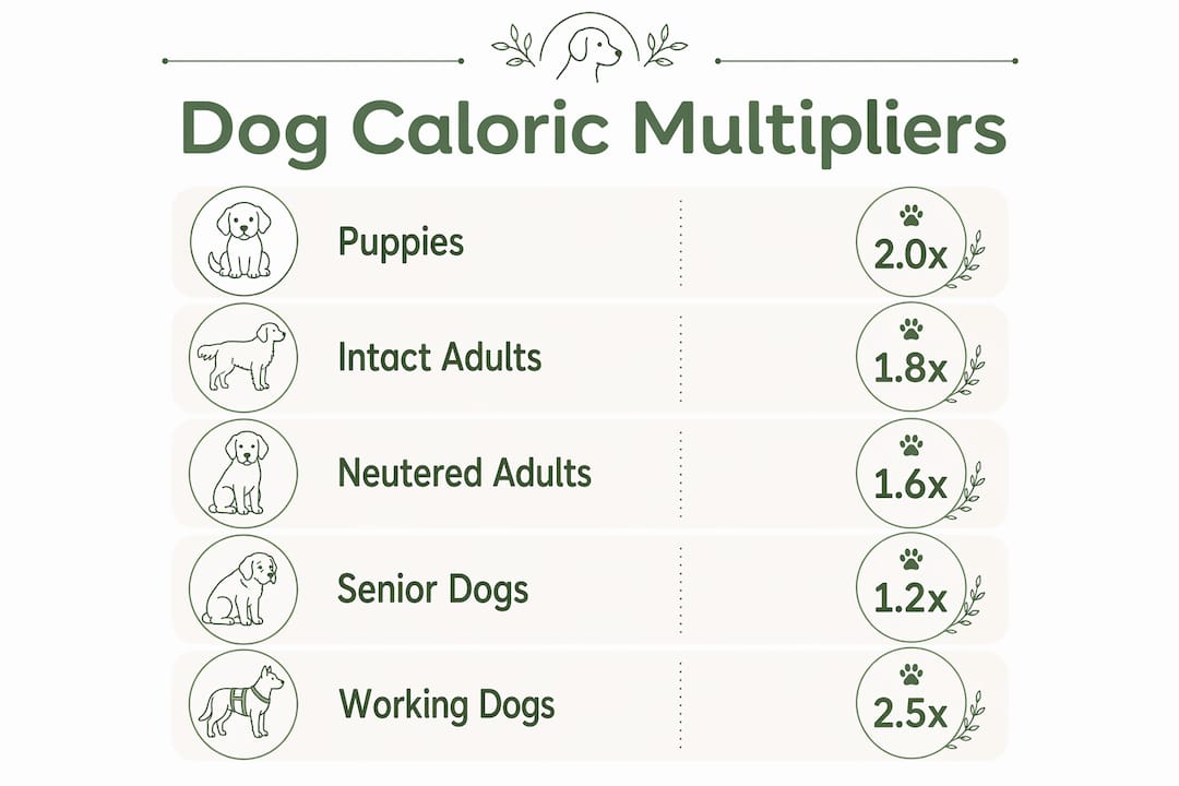 Infographic showing dog calorie multipliers by life stage