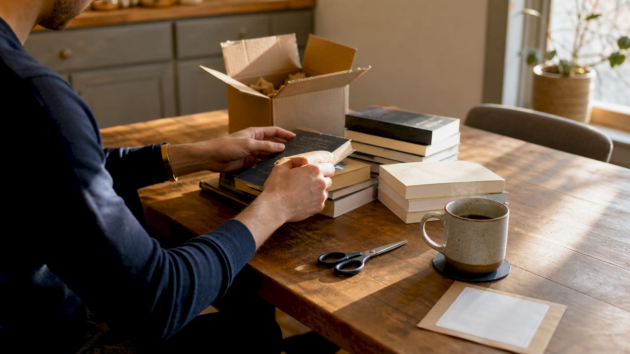 Hands packaging books for dropshipping shipment