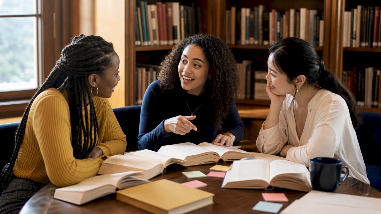 Diverse women discussing books in café meeting