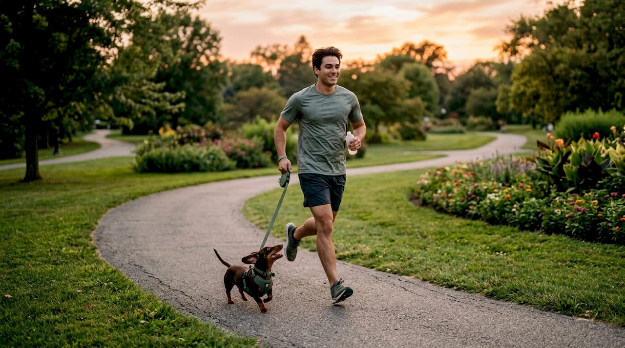 Man walking dachshund with harness on sidewalk outdoors
