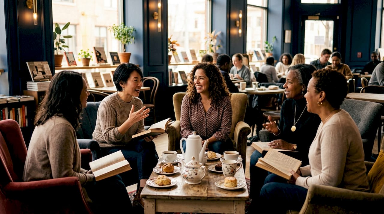 Women listening to reading event in bookstore