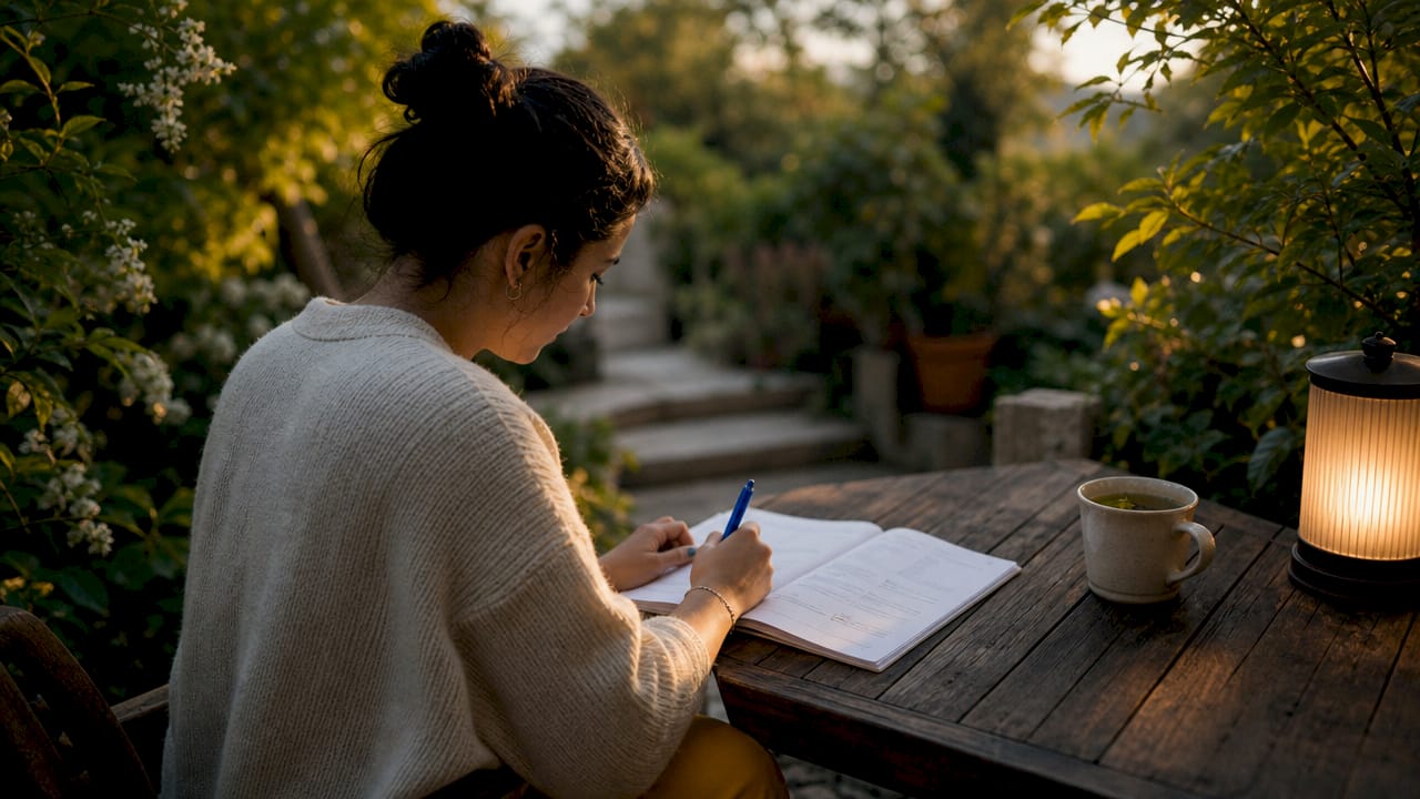 Hands writing in breakup recovery workbook