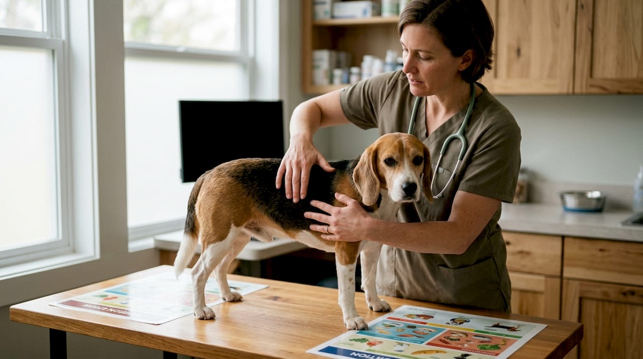 Veterinarian performing body condition scoring on beagle