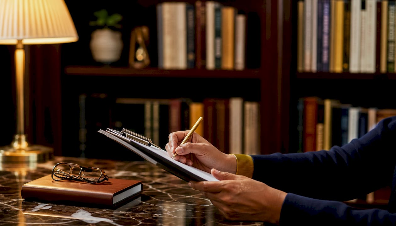 Hands taking clinical notes in psychologist's office