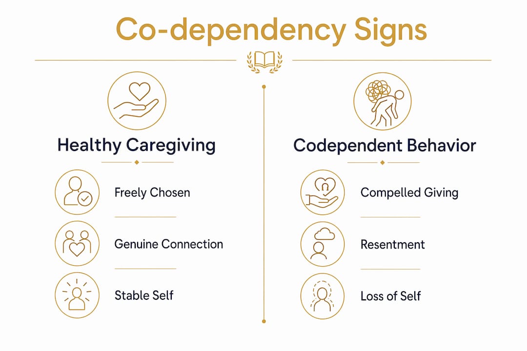 Infographic comparing signs of healthy caregiving versus codependent behavior