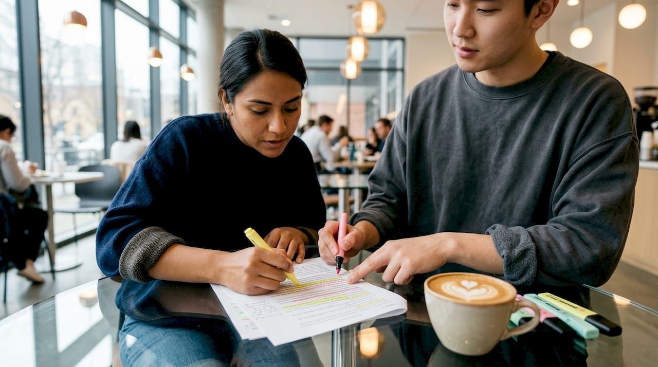 Hands annotating literary manuscript at café table
