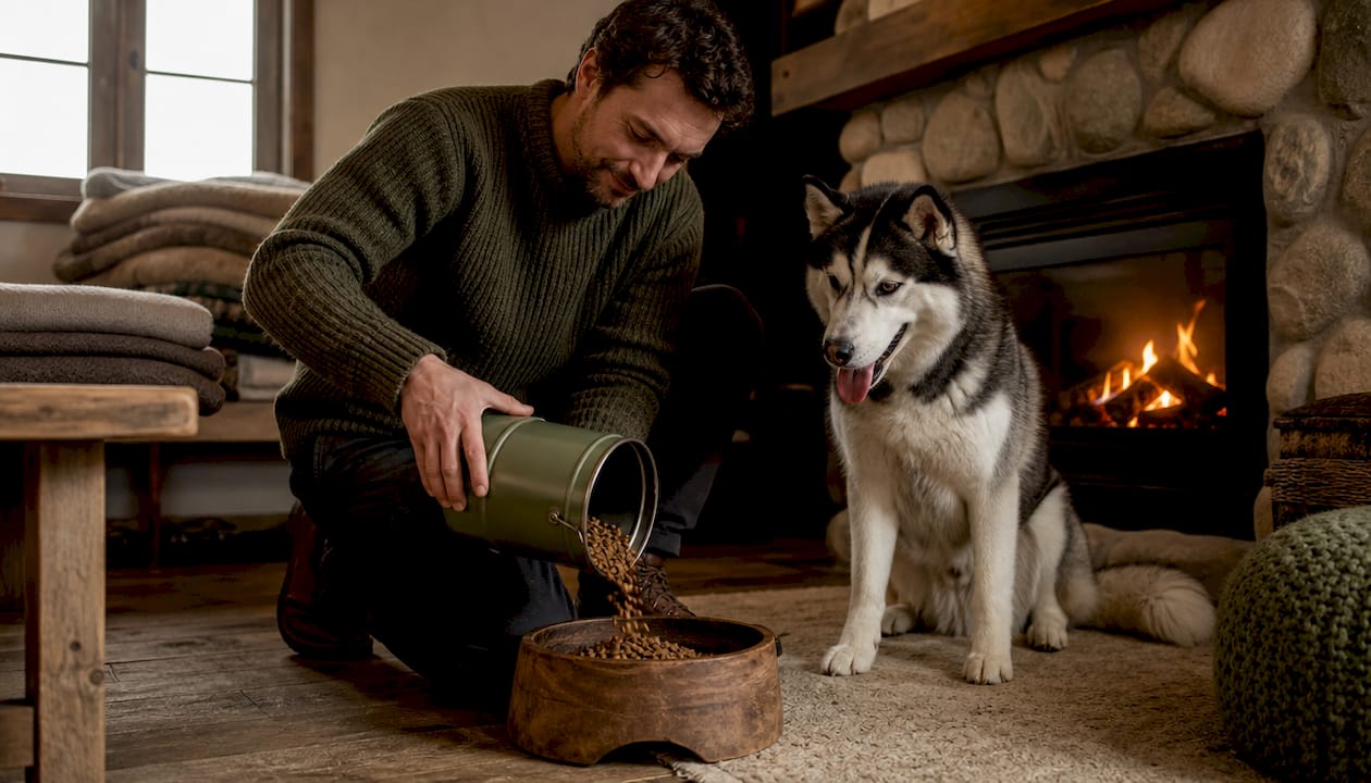 Man feeding Siberian Husky outdoors in snow