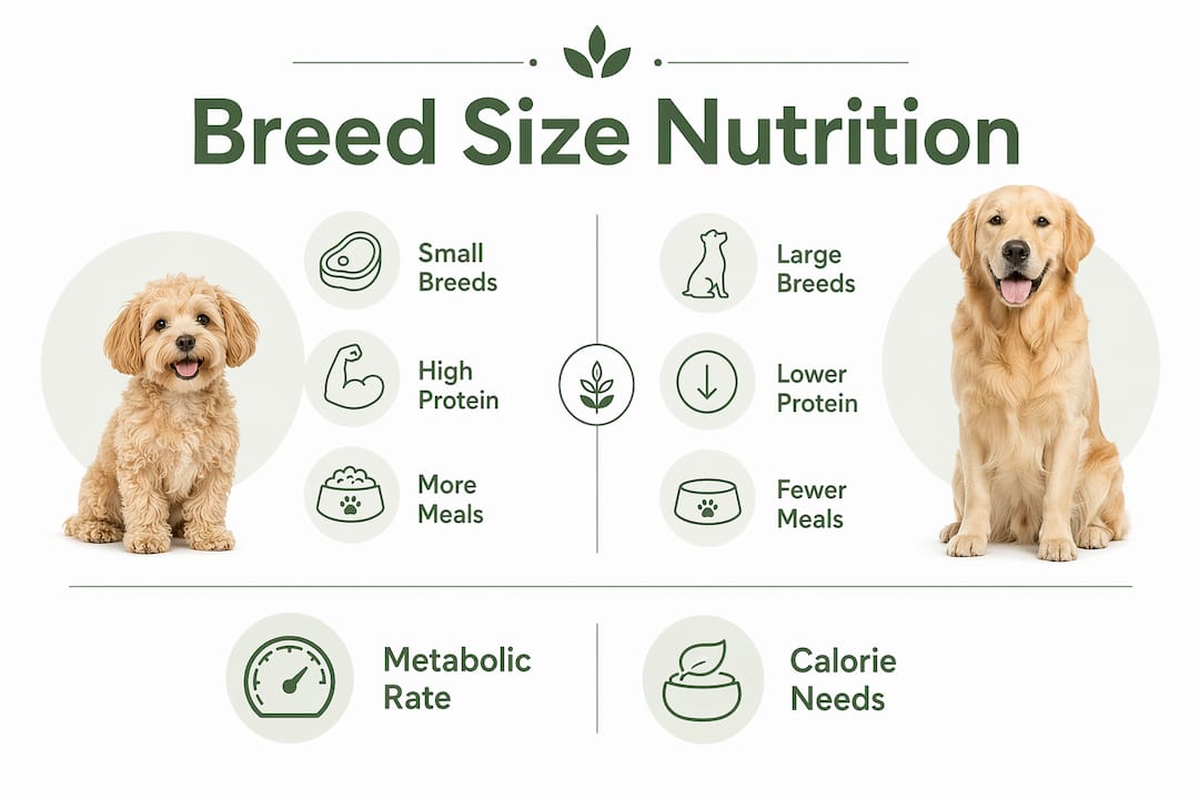 Infographic comparing nutrition needs by dog breed size