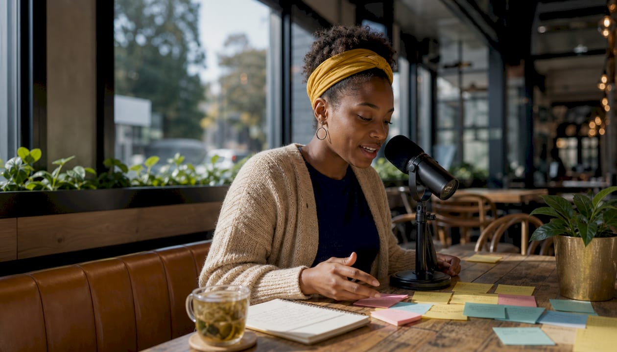 Woman recording wellness podcast in cozy studio