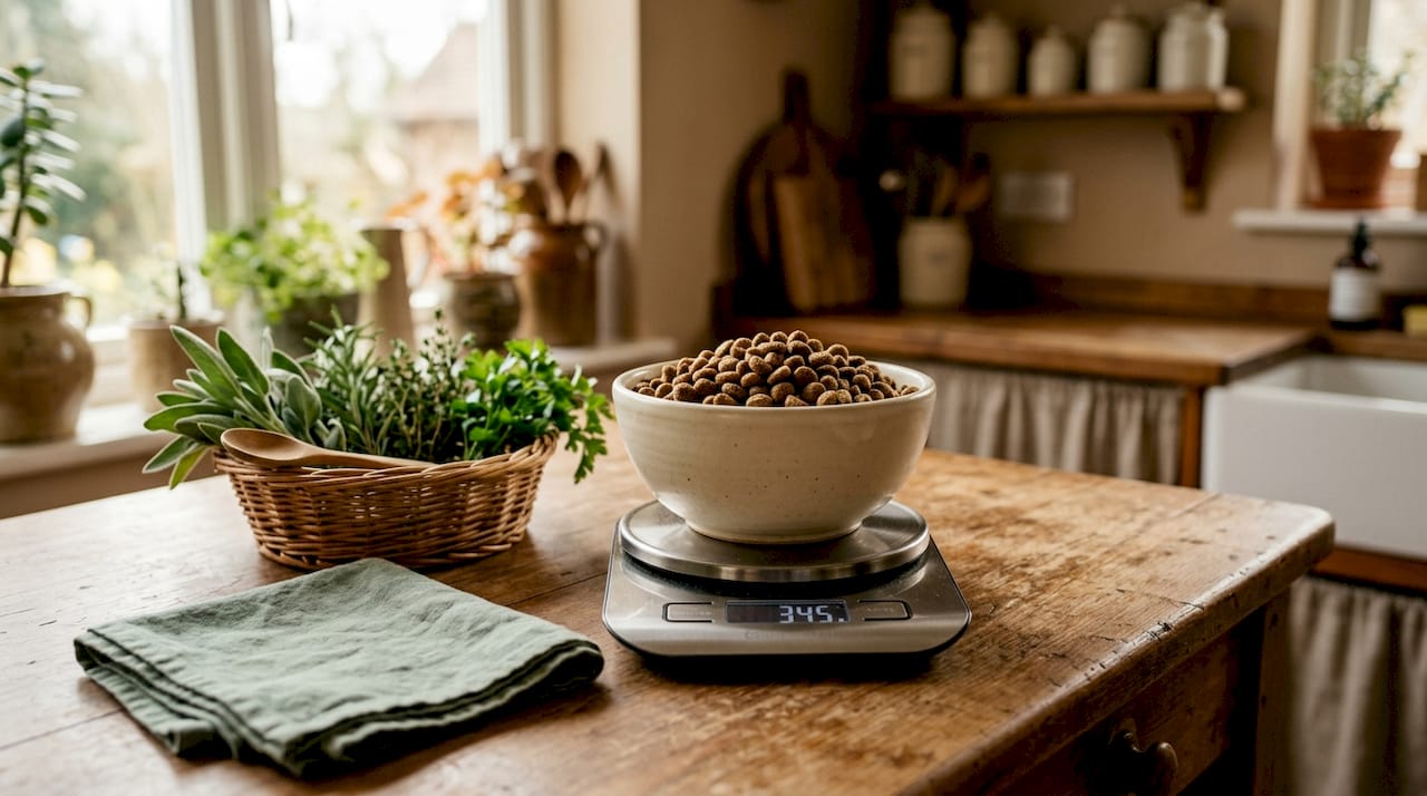 Close-up of kitchen scale with measured dog food