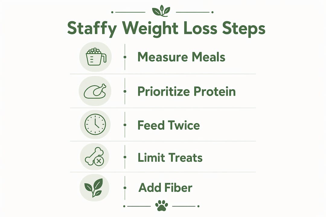 Infographic showing key steps for Staffy weight loss nutrition plan