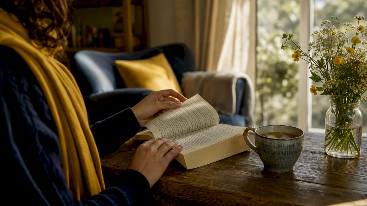 Hands holding open romance novel in cafe