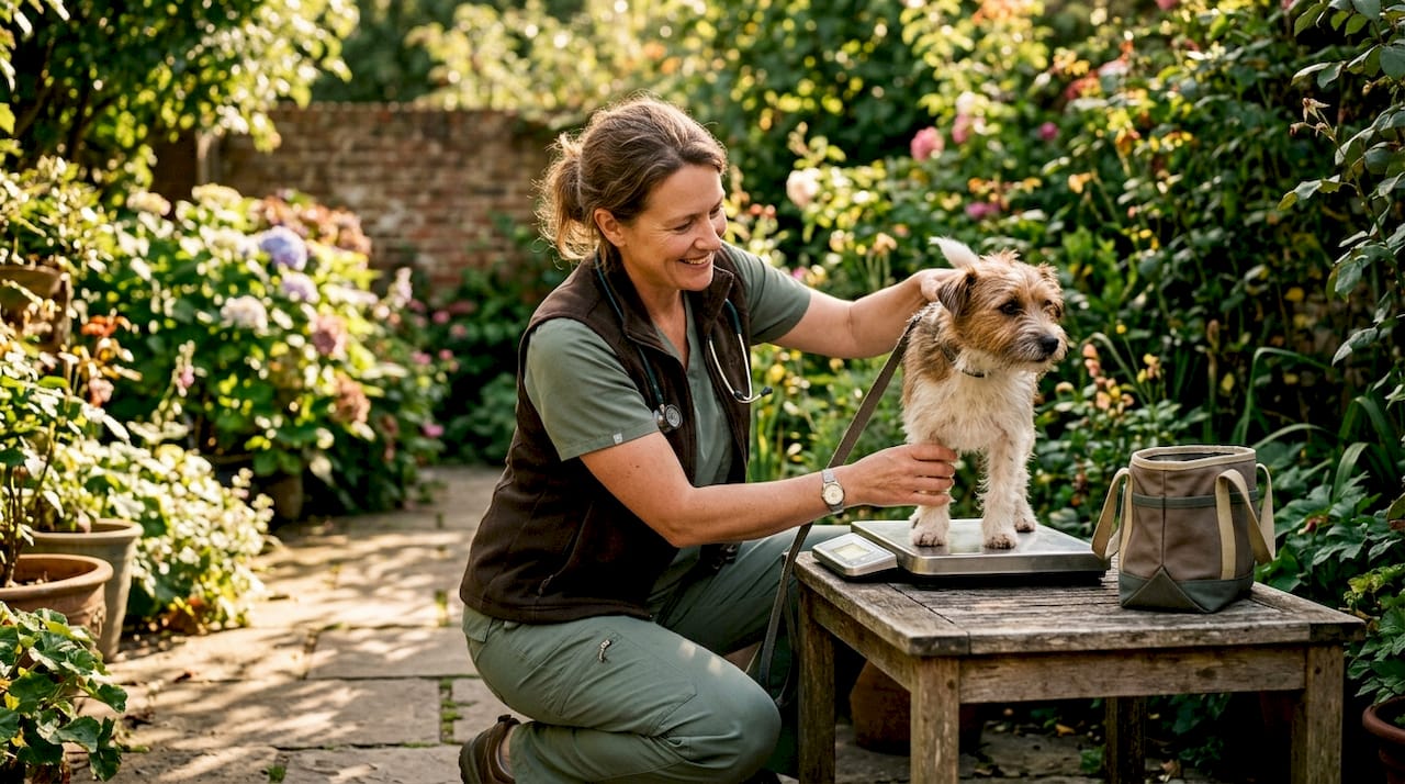 Veterinarian weighing small dog in clinic