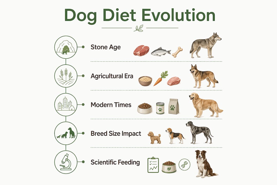 Infographic showing dog diet evolution timeline with key stages
