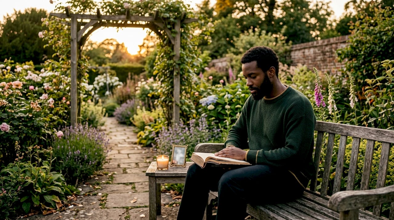 Young man reading grief memoir in apartment