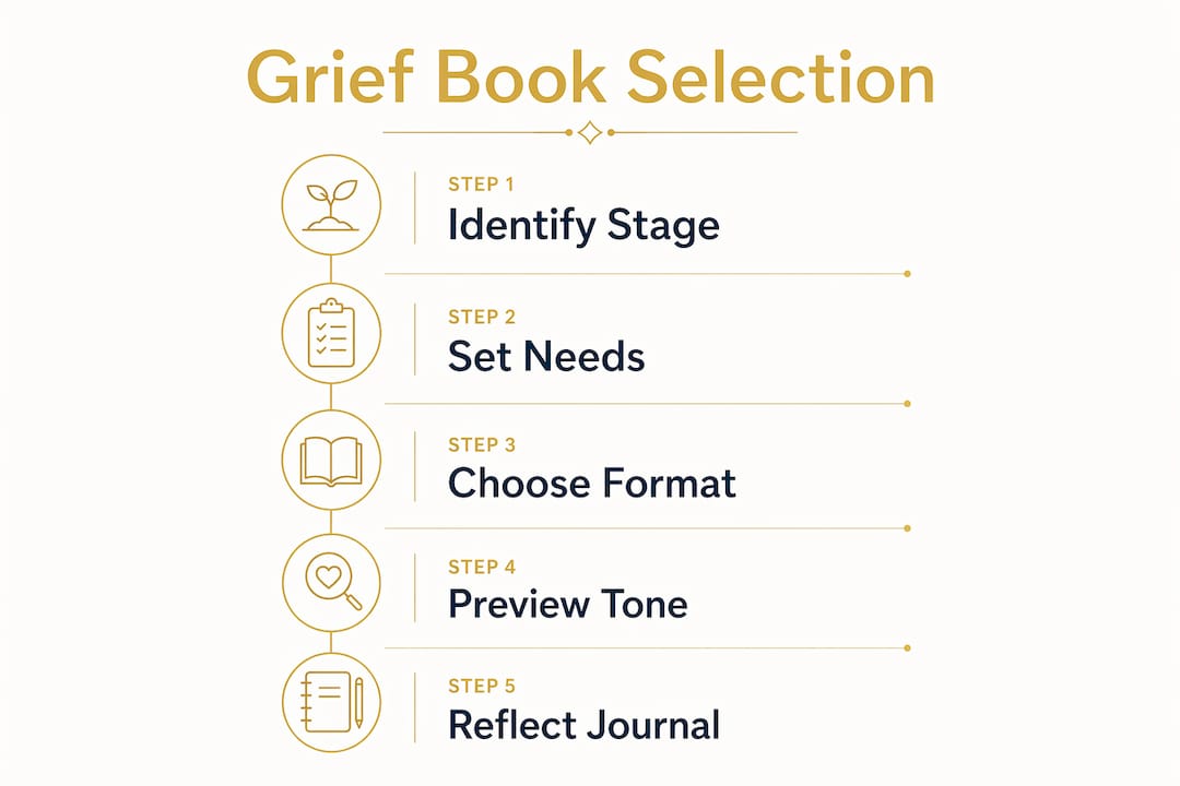 Steps for choosing grief support books infographic