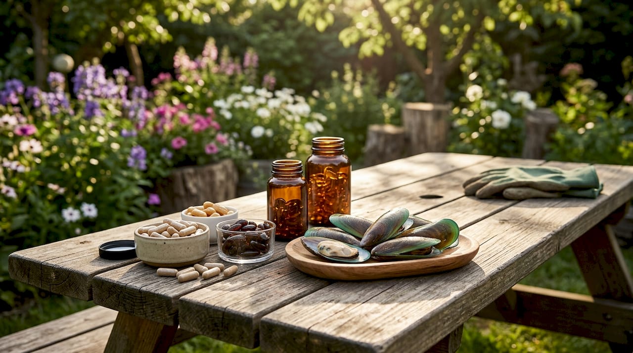 Close-up of Rottweiler joint supplements on table