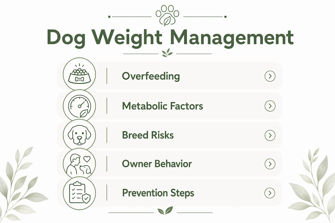 Infographic illustrating dog weight gain causes and solutions