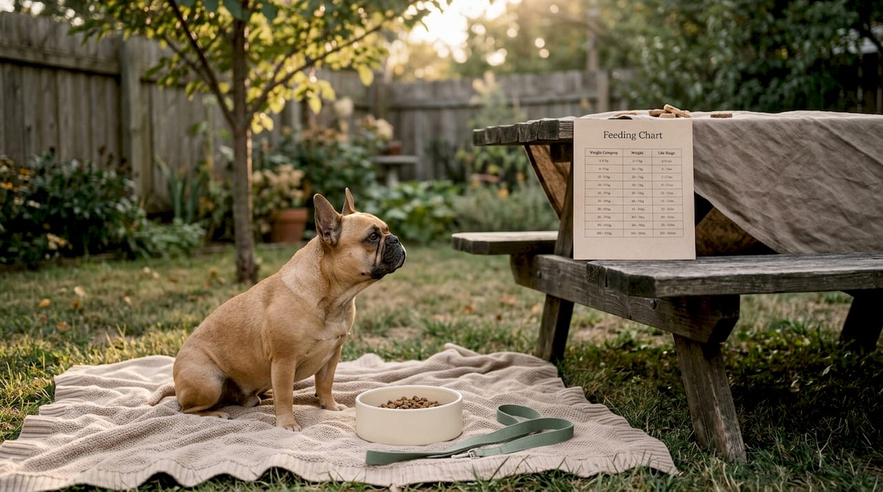 French Bulldog next to portion chart and food bowl
