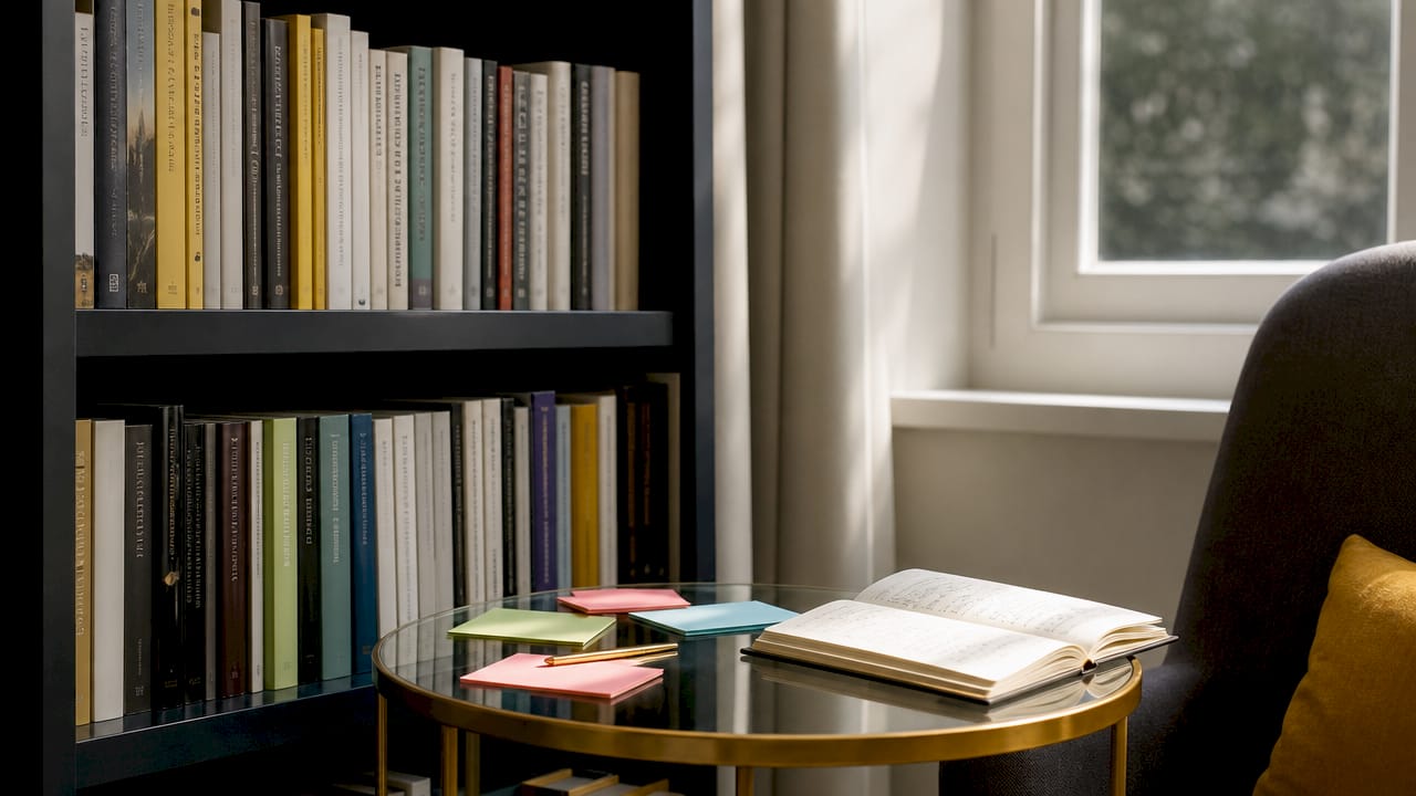 Top-down view of self-help books and study materials