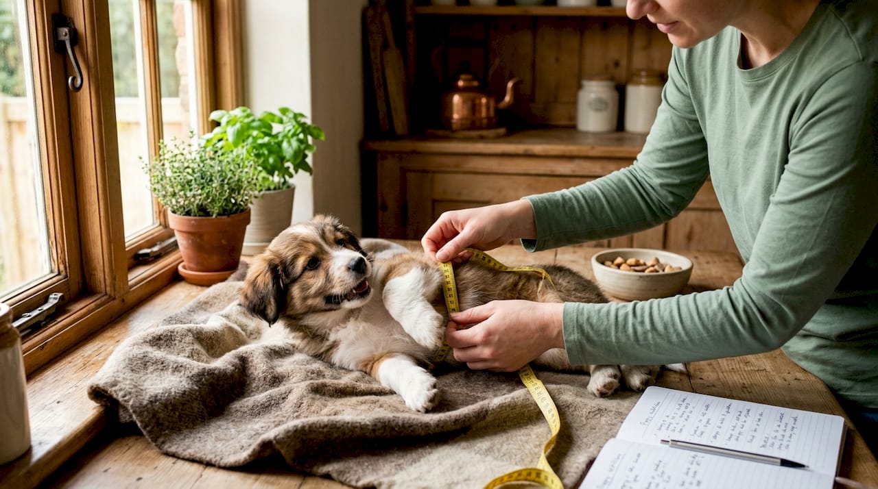 Hands measuring puppy chest with tape measure