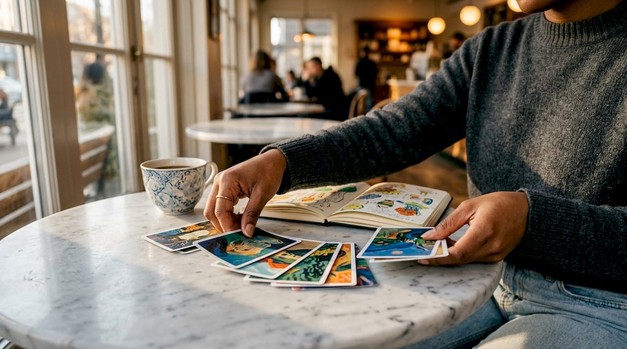 Hands flipping creativity inspiration cards on desk