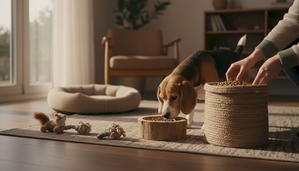Beagle sniffing food bowl in kitchen