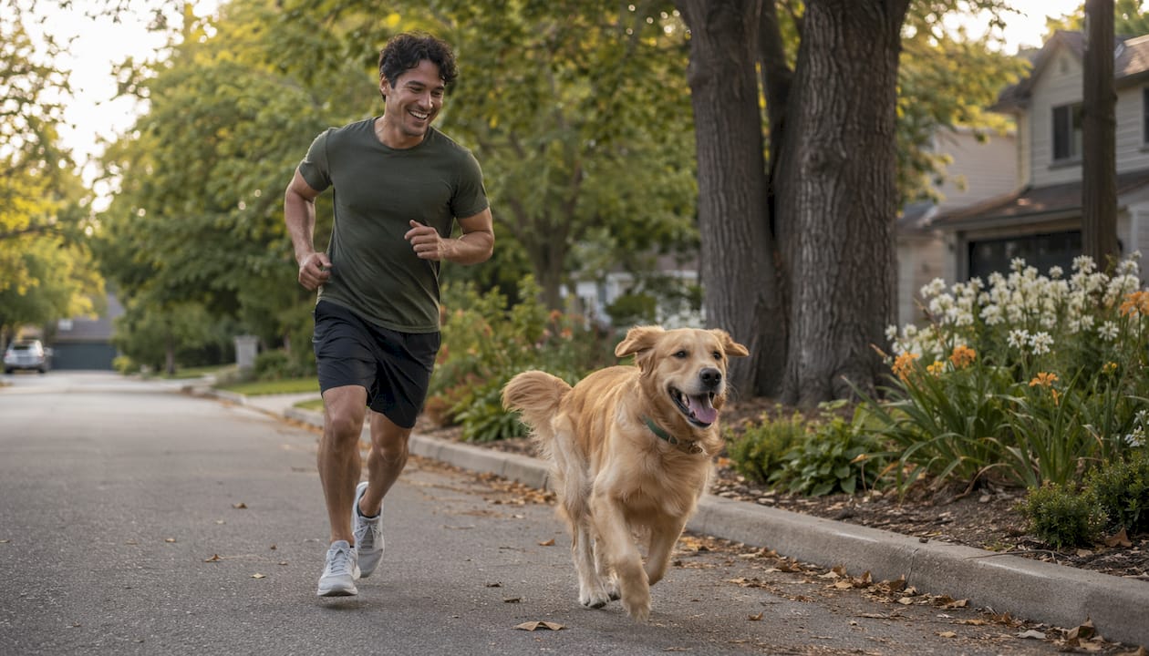 Owner jogging with dog before feeding time