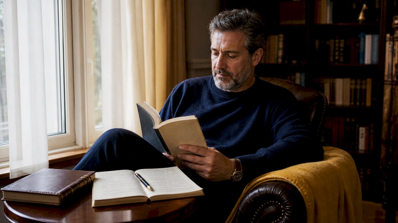 Hands holding self-help book with journal