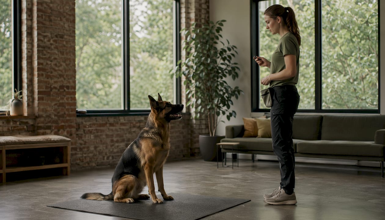 Overhead view of working-line dog training indoors