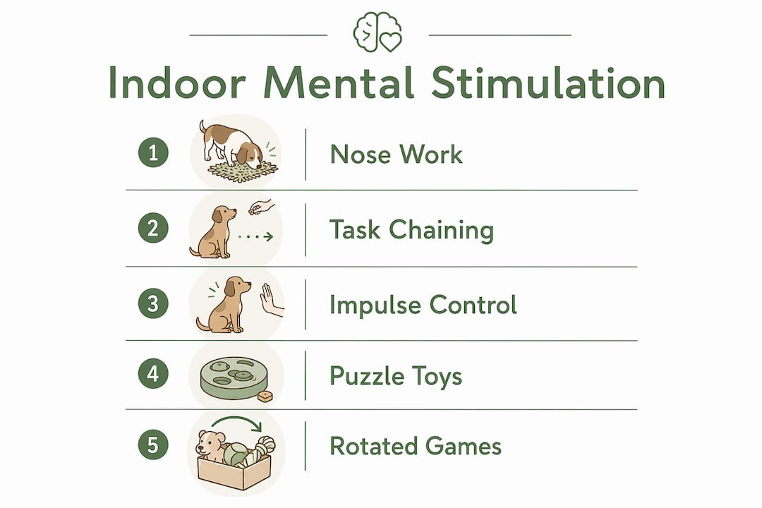 Infographic of mental stimulation steps for working breeds indoors