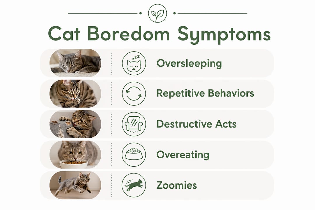 Infographic showing cat boredom symptoms steps