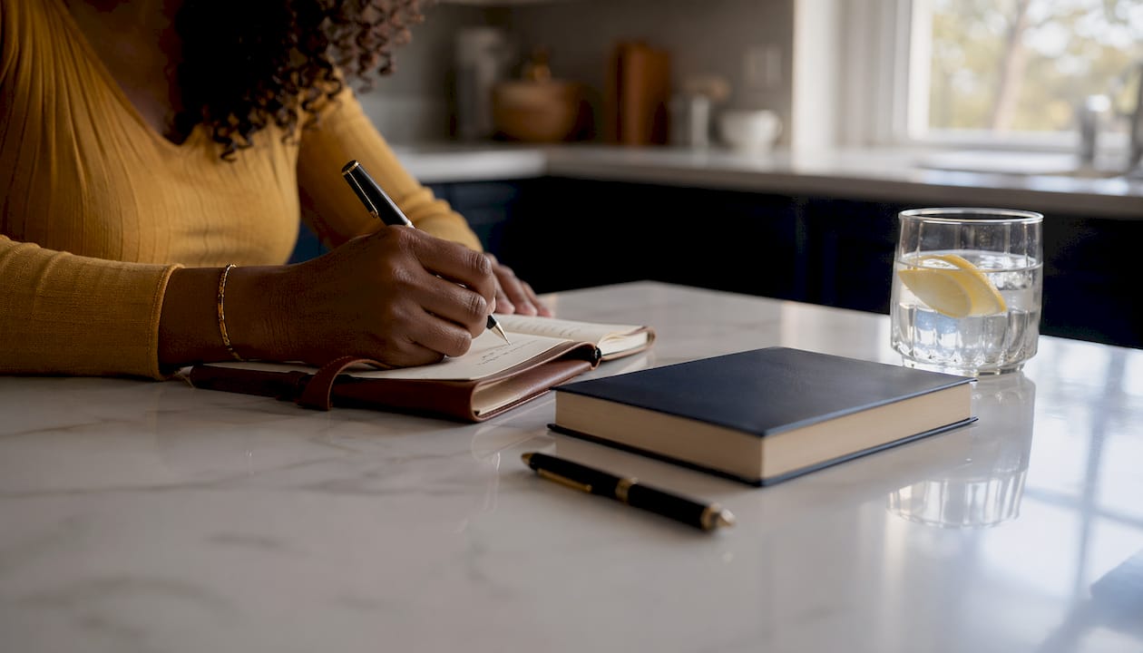 Hands journaling after breakup at desk